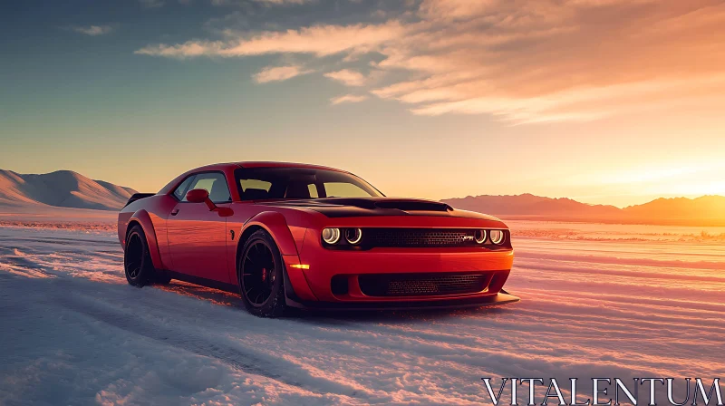 Red Car and Snowy Mountains AI Image