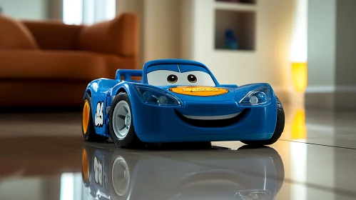 Smiling Blue Toy Car on a Shiny Floor