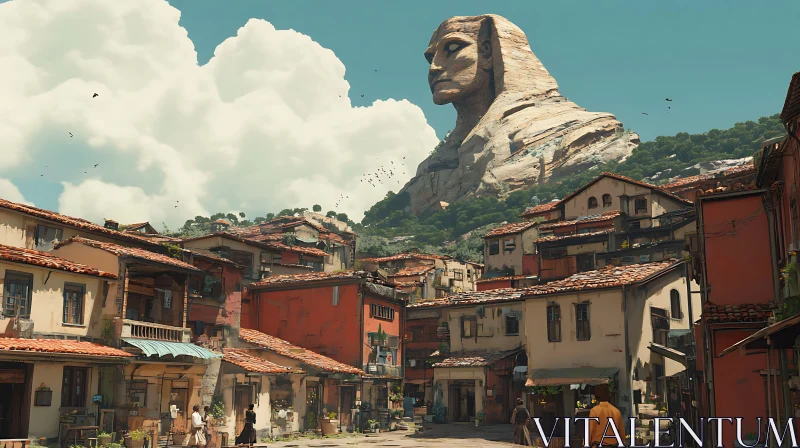 Village Scene with Stone Statue AI Image