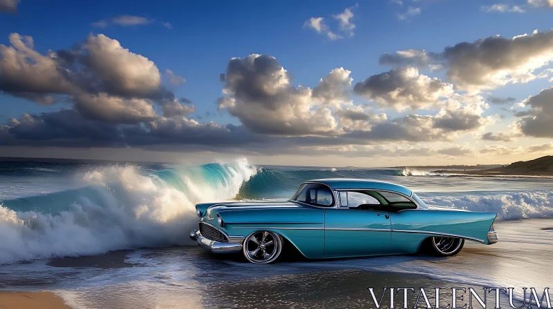 Classic Car Meeting the Ocean Waves AI Image