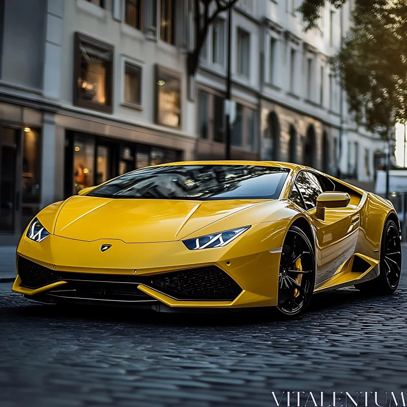 Yellow Sports Car Parked on City Street AI Image