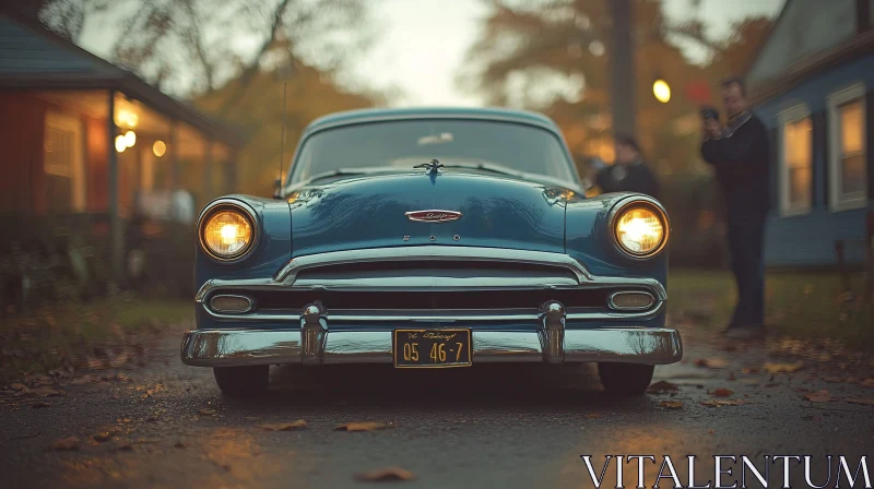 Vintage Blue Car in an Evening Setting AI Image