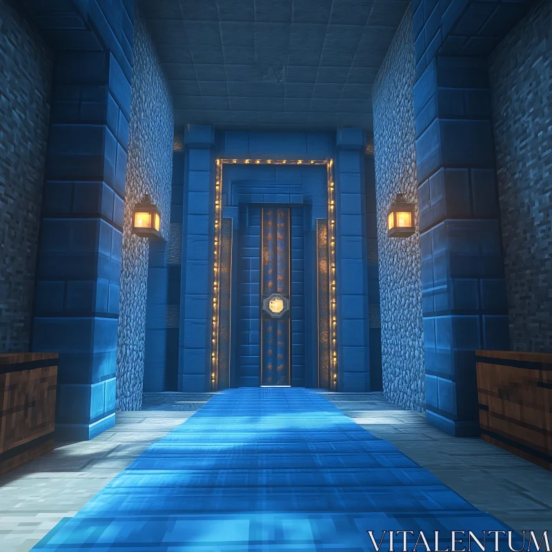 Modern Blue Hallway with Warm Lighting AI Image