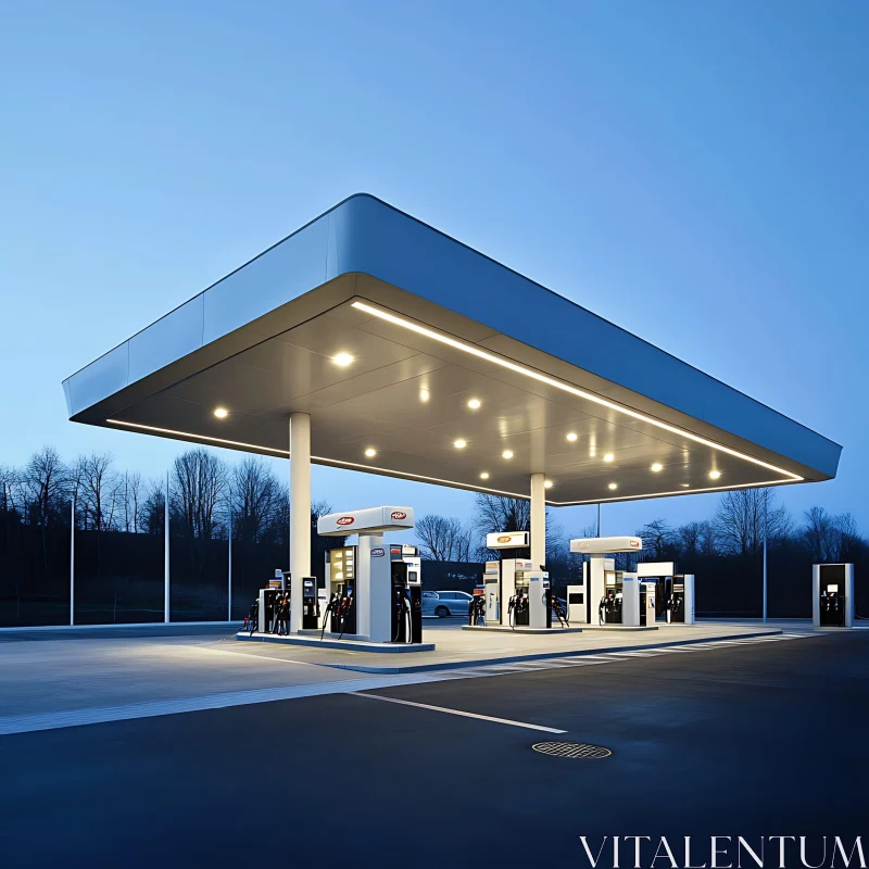 Contemporary Gas Station with Bright Lights AI Image