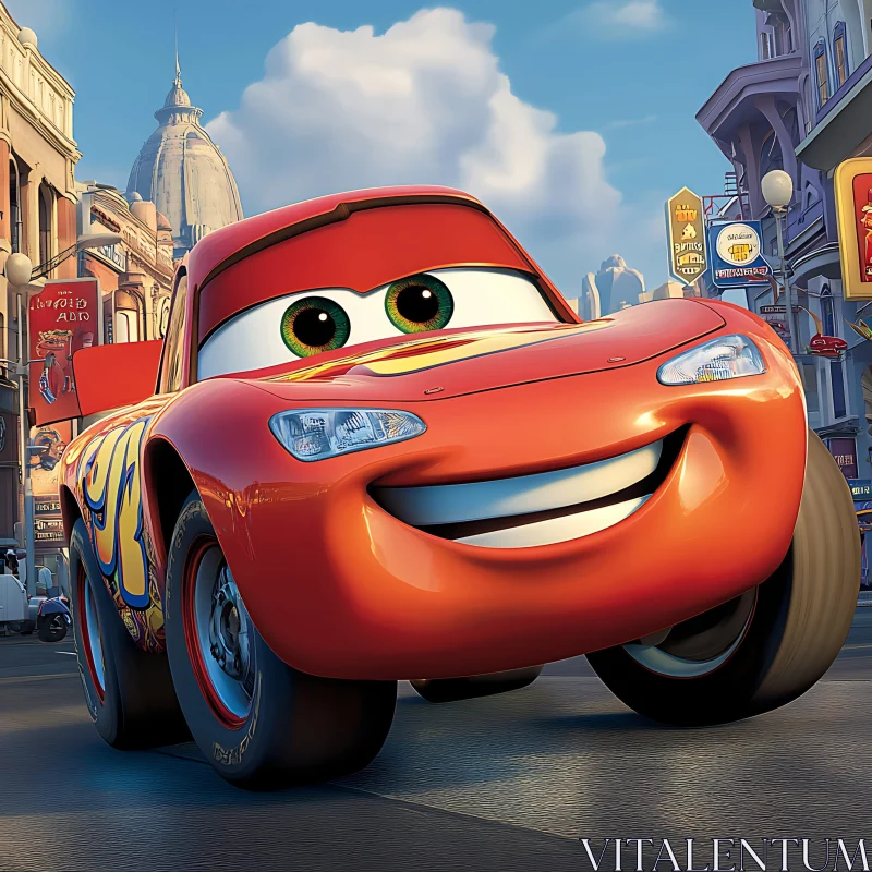 Smiling Red Car in Animated Urban Setting AI Image