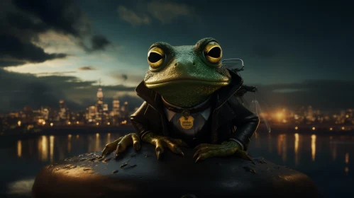 Charming Frog in Urban Caricature: A Matte Painting