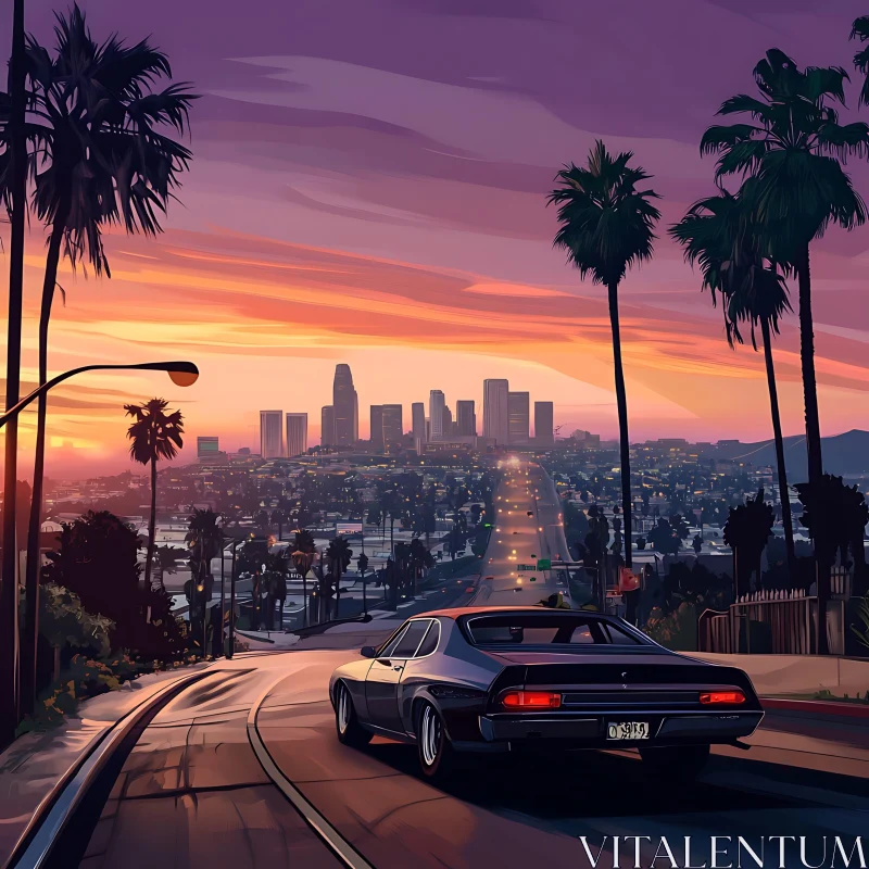 Cityscape with Car at Dusk AI Image