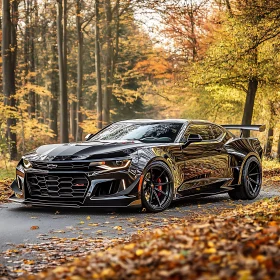 Luxury Black Car Amidst Fall Foliage