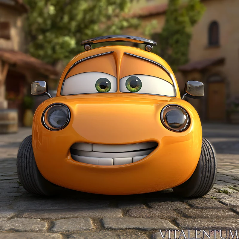 Adorable Animated Car Character in a Village Setting AI Image