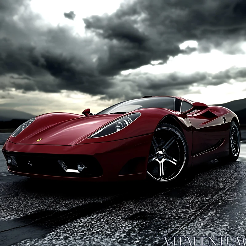 Sleek Red Sports Car Under Cloudy Sky AI Image