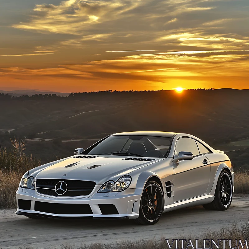 Silver Luxury Car with Stunning Sunset Backdrop AI Image