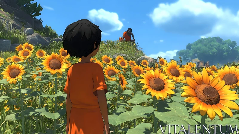 Sunflower Field Scene with Cartoon Children AI Image