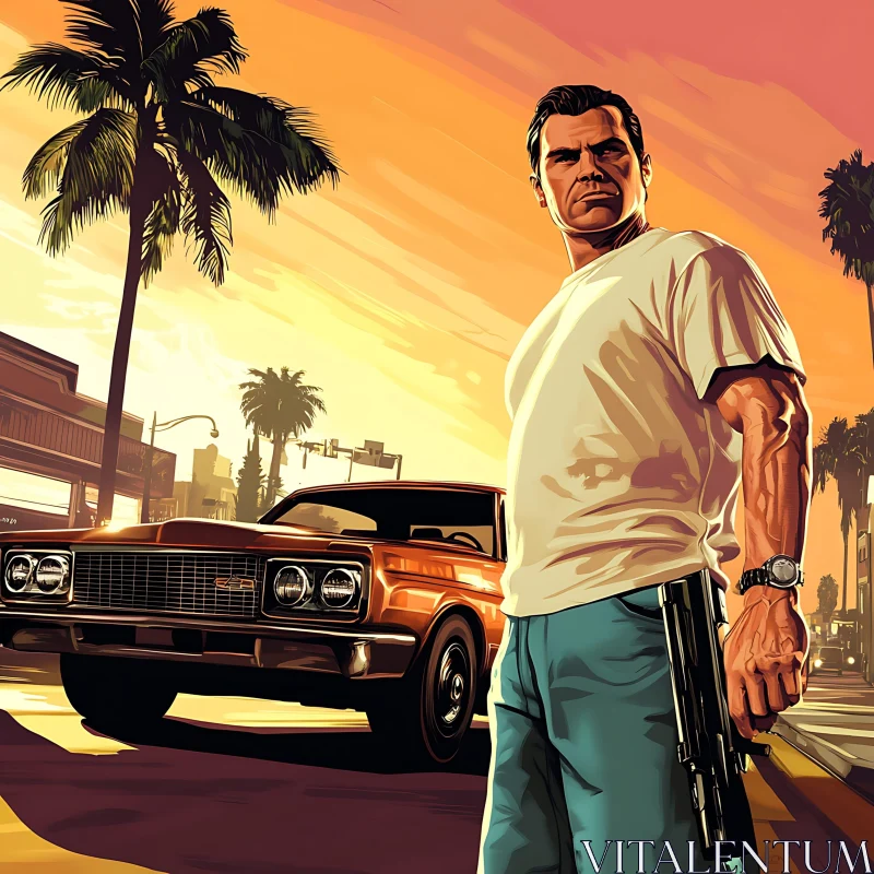 Confident Man with Gun Near Car at Dusk AI Image