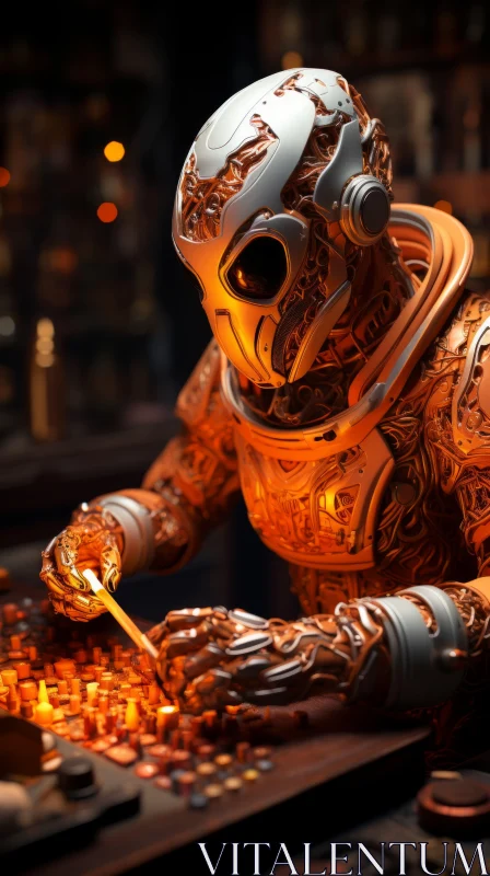 Robot in Orange Outfit in a Liquid Metal Style Scene AI Image