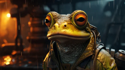 Steampunk-Inspired Frog in the Rain: A Detailed Unreal Engine 5 Image