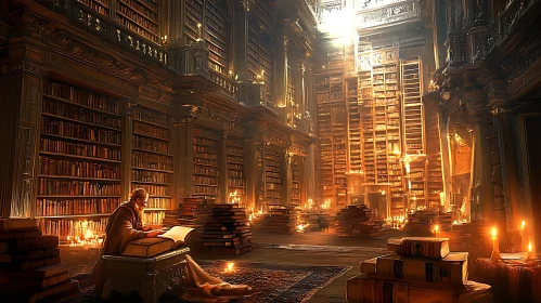 Library Scene with Warm Candlelight and Grand Book-filled Shelves