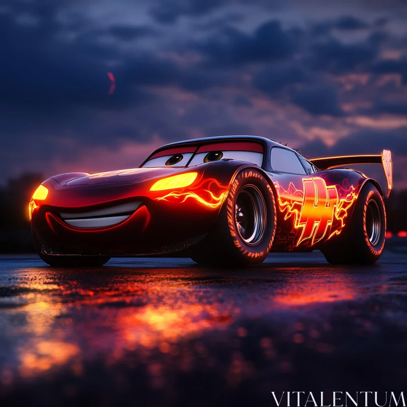 Smiling Red Racing Car with Flames at Night AI Image