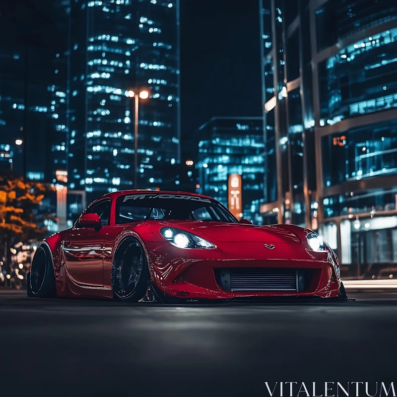 Red Sports Car in Urban Nightscape AI Image