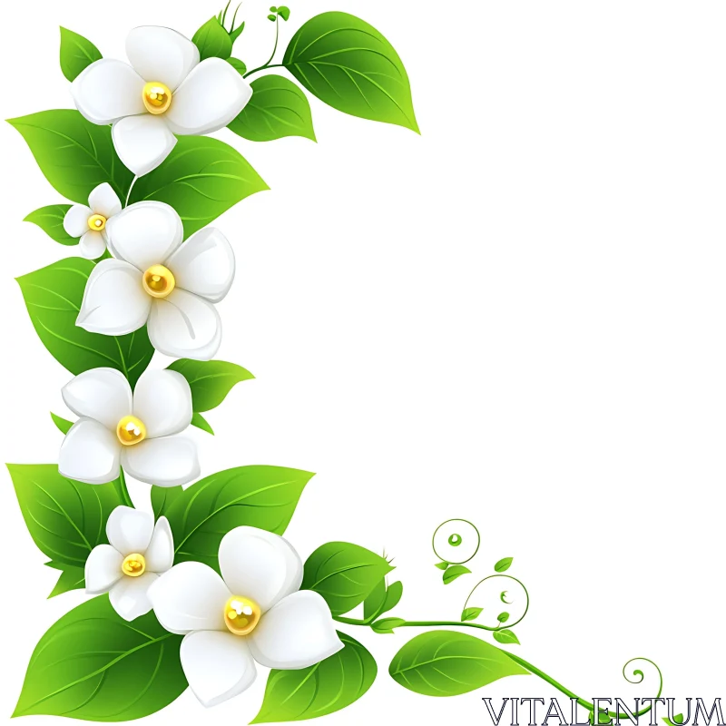 AI ART Botanical Art with White Flowers and Green Leaves