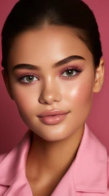 Captivating Portrait of a Woman with Dark Brown Hair and Pink Makeup