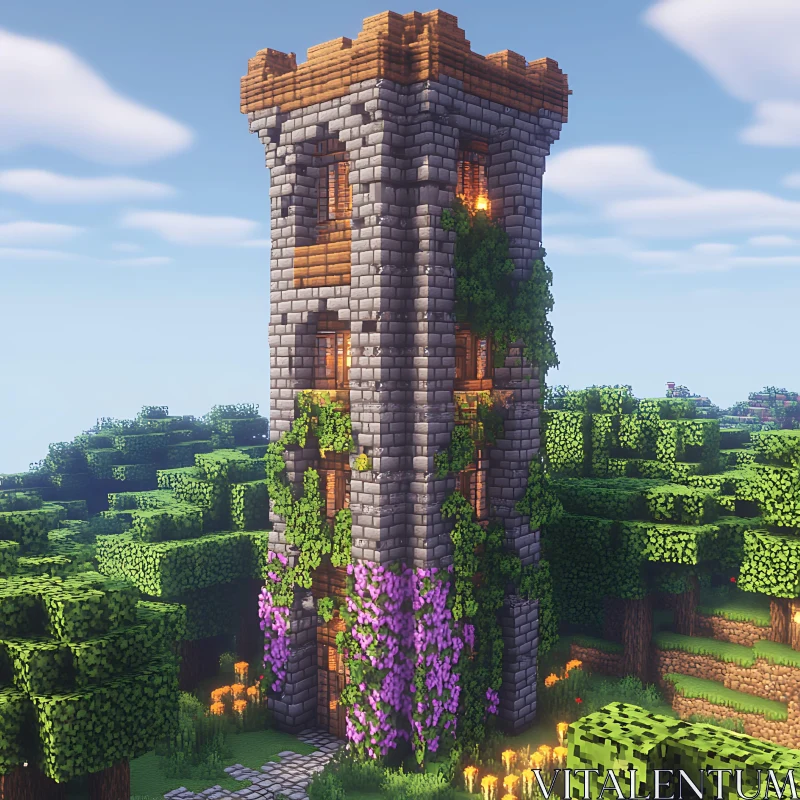 Stone Tower in Forest with Ivy AI Image