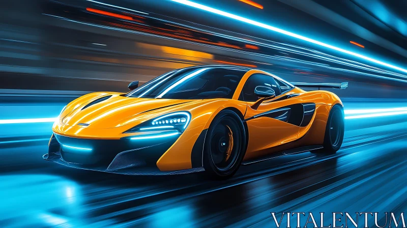 Futuristic Night Drive with High-Speed Orange Sports Car AI Image