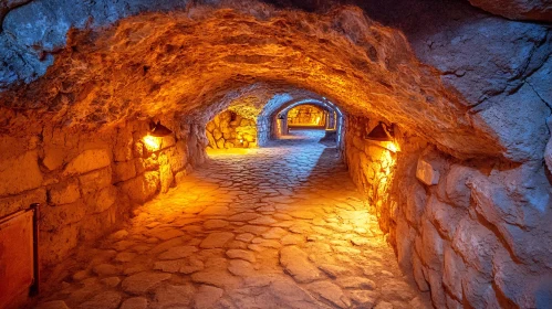 Illuminated Underground Passage with Stone Walls