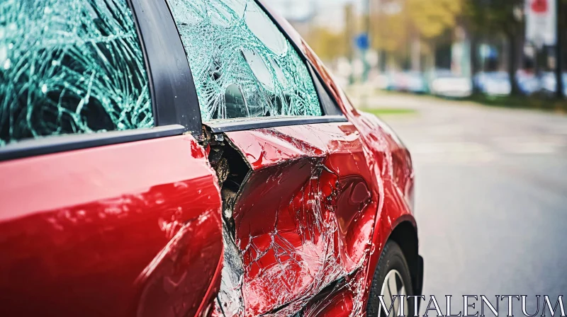 Damaged Red Car Post-Collision with Smashed Windows AI Image