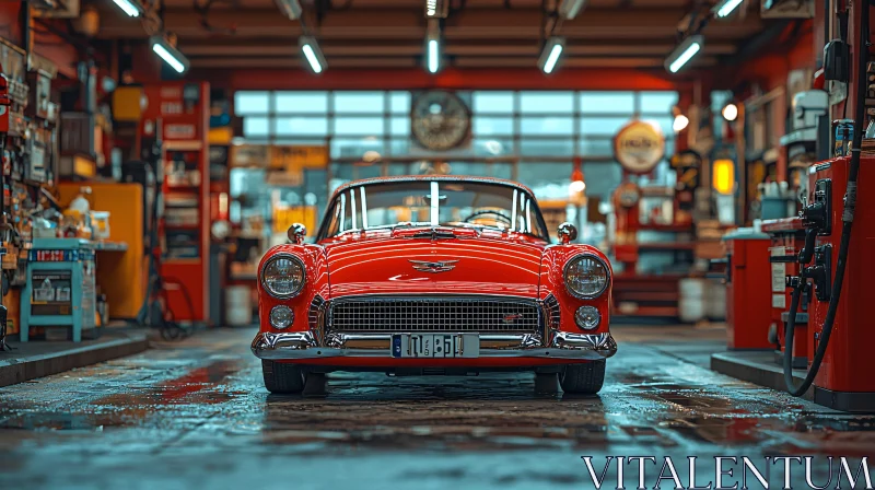 Classic Red Automobile in Retro Garage Setting AI Image