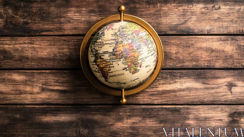 Antique Globe with Golden Frame on Wooden Surface AI Image