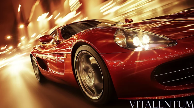 Fast Red Sports Car in City Lights AI Image