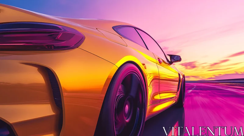 Sleek Golden Car at Sunset in Motion AI Image