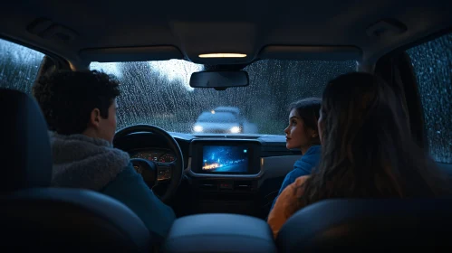 Nighttime Car Journey with Rainy Windshield View