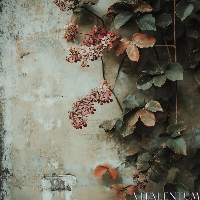 Charming Vintage Wall with Ivy Flowers AI Image