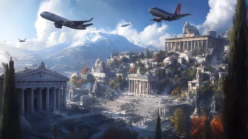 Airplanes Over an Ancient Majestic City