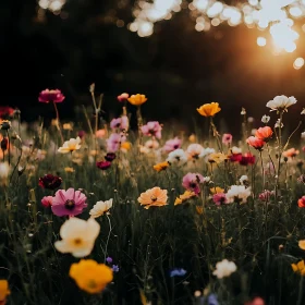 Colorful Wildflowers in Golden Sunset