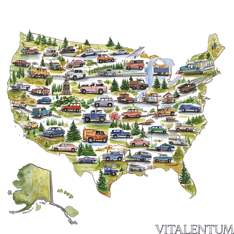 USA Map with Classic Vintage Cars Illustration AI Image