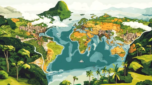 Artistic World Map Blending Nature and Cities