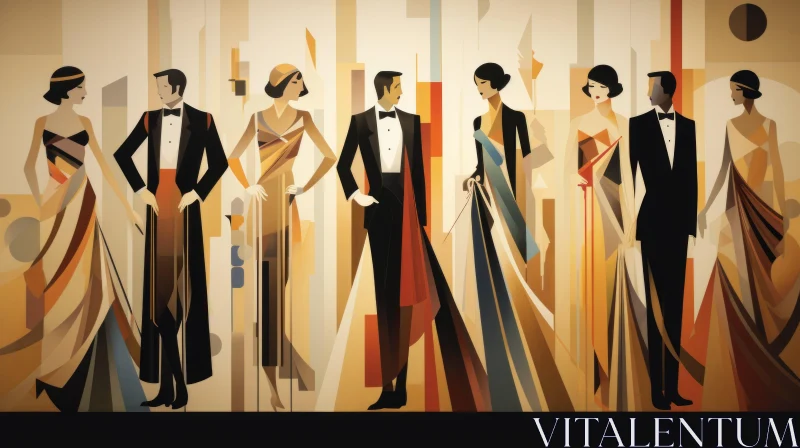 Art Deco Painting of Elegantly Dressed Individuals AI Image
