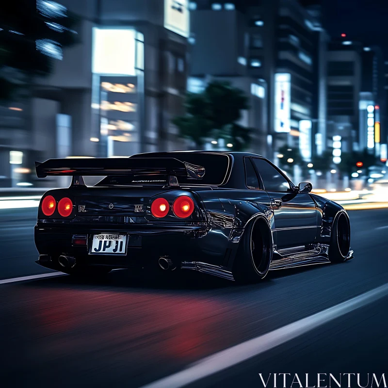 Nighttime Urban Drive of a Black Sports Car AI Image