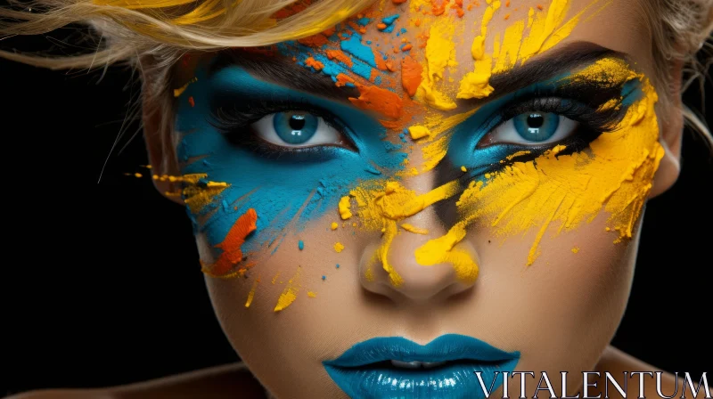 Colorful Woman with Blue and Yellow Face Paint - Pop Art Inspired AI Image