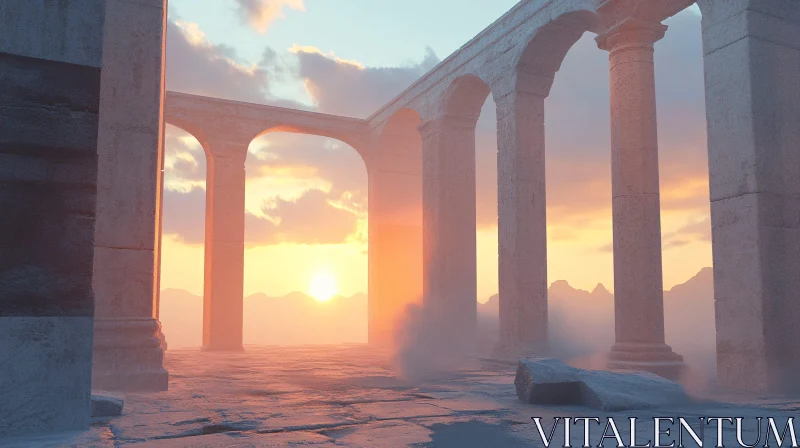 Sunset Through Ancient Arches and Columns AI Image