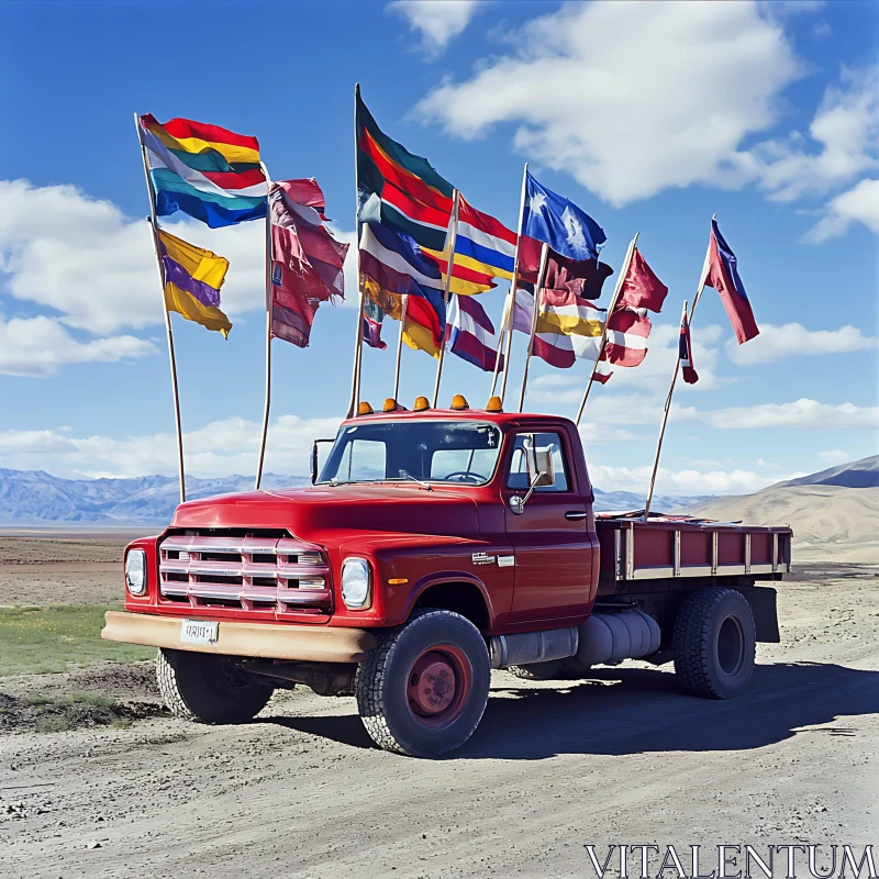 Retro Truck with Flags in Desert AI Image