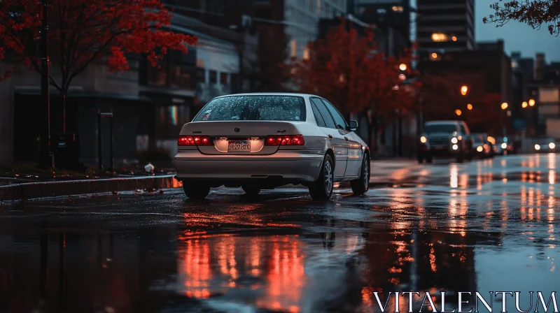 Urban Night Scene with Reflective Wet Pavement and Parked Car AI Image