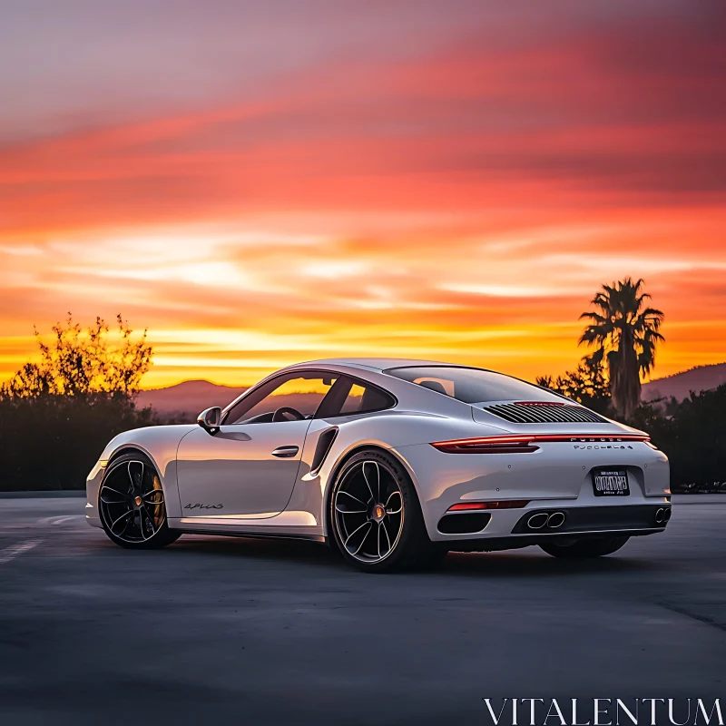 White Sports Car Against a Vibrant Sunset AI Image