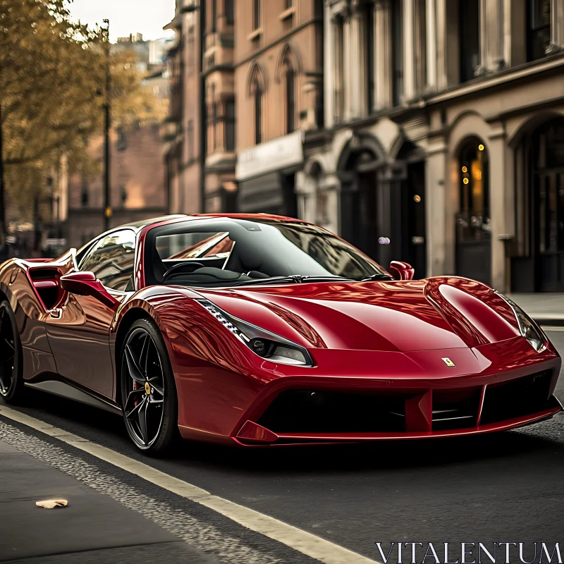 Glossy Red Sports Car Urban Street Scene AI Image