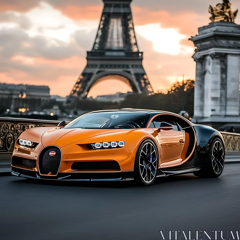 Luxurious Orange Supercar in Front of Eiffel Tower at Dusk AI Image