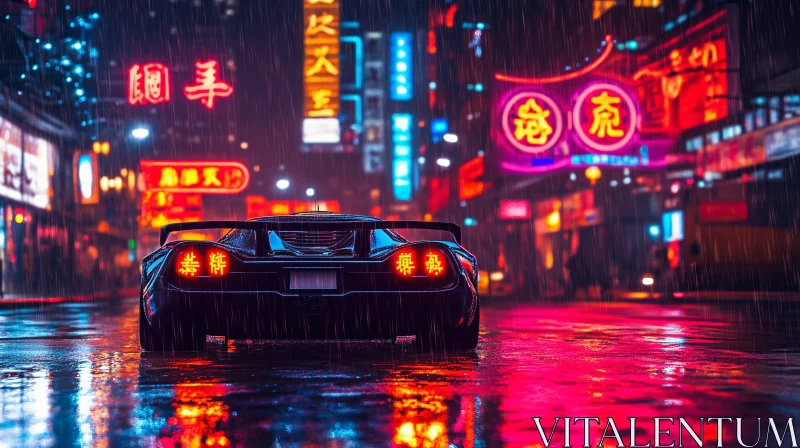 Neon City Night with Car in Rain AI Image