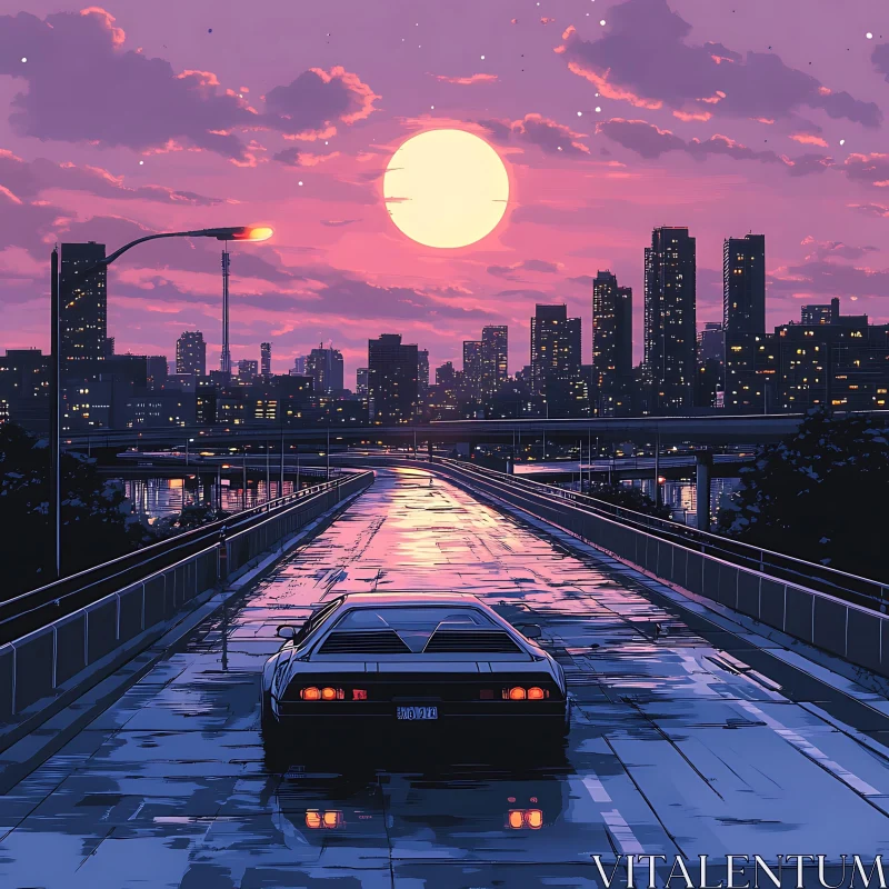 Retro Car on a Bridge at Sunset AI Image