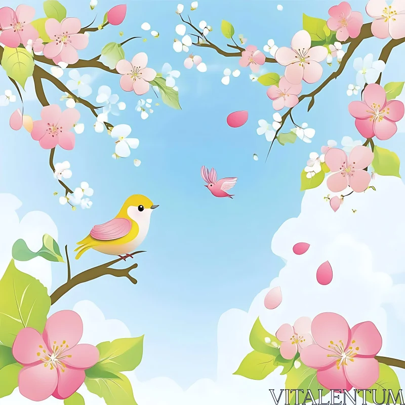 Illustration of Birds Among Spring Blossoms AI Image